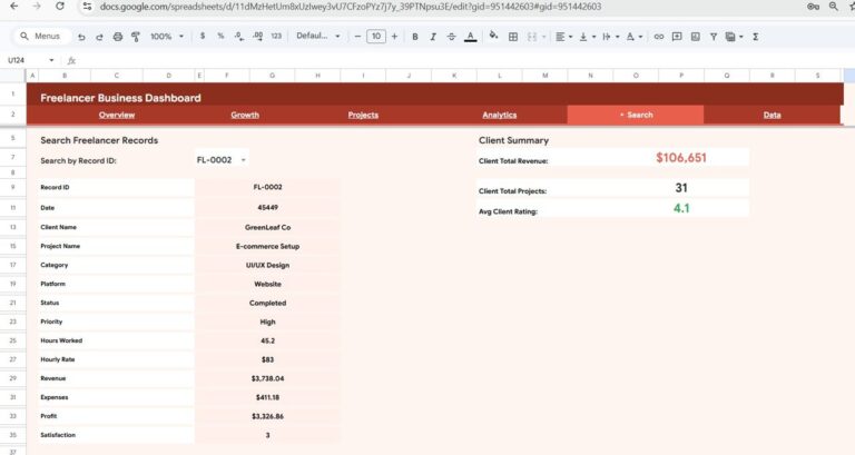 Freelancer Business Dashboard in Google Sheets - Next Gen Templates