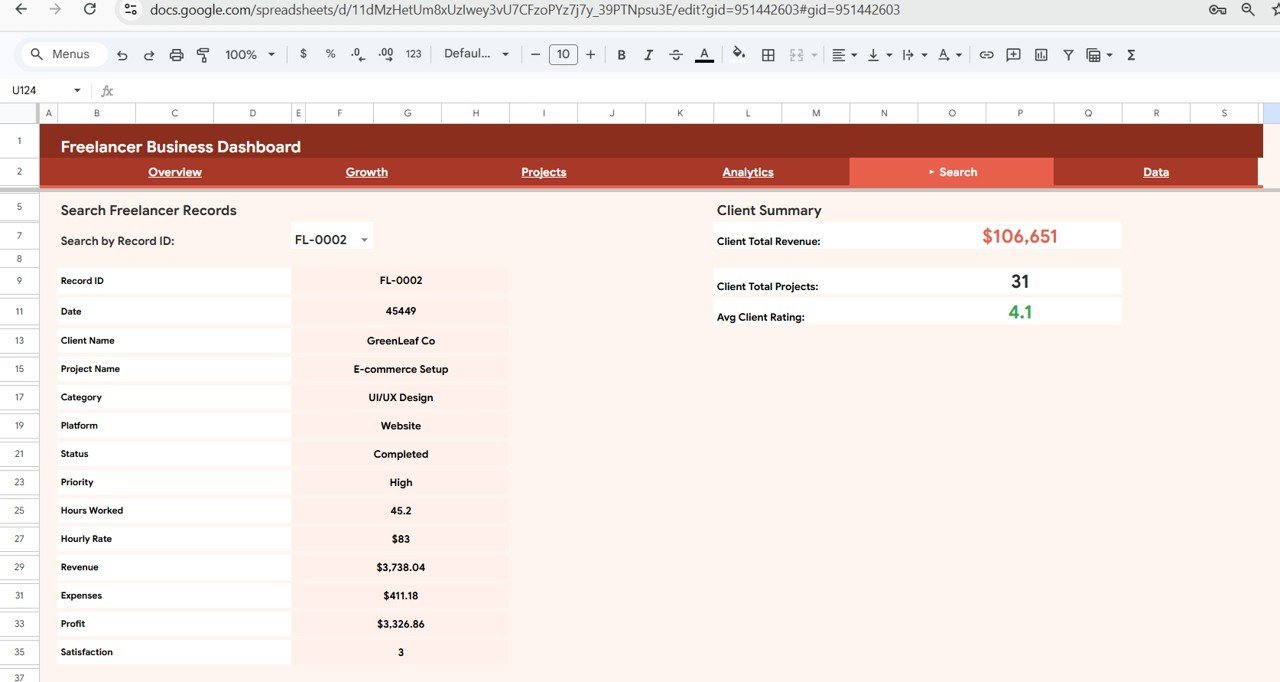 Freelancer Business Dashboard in Google Sheets - Search Sheet