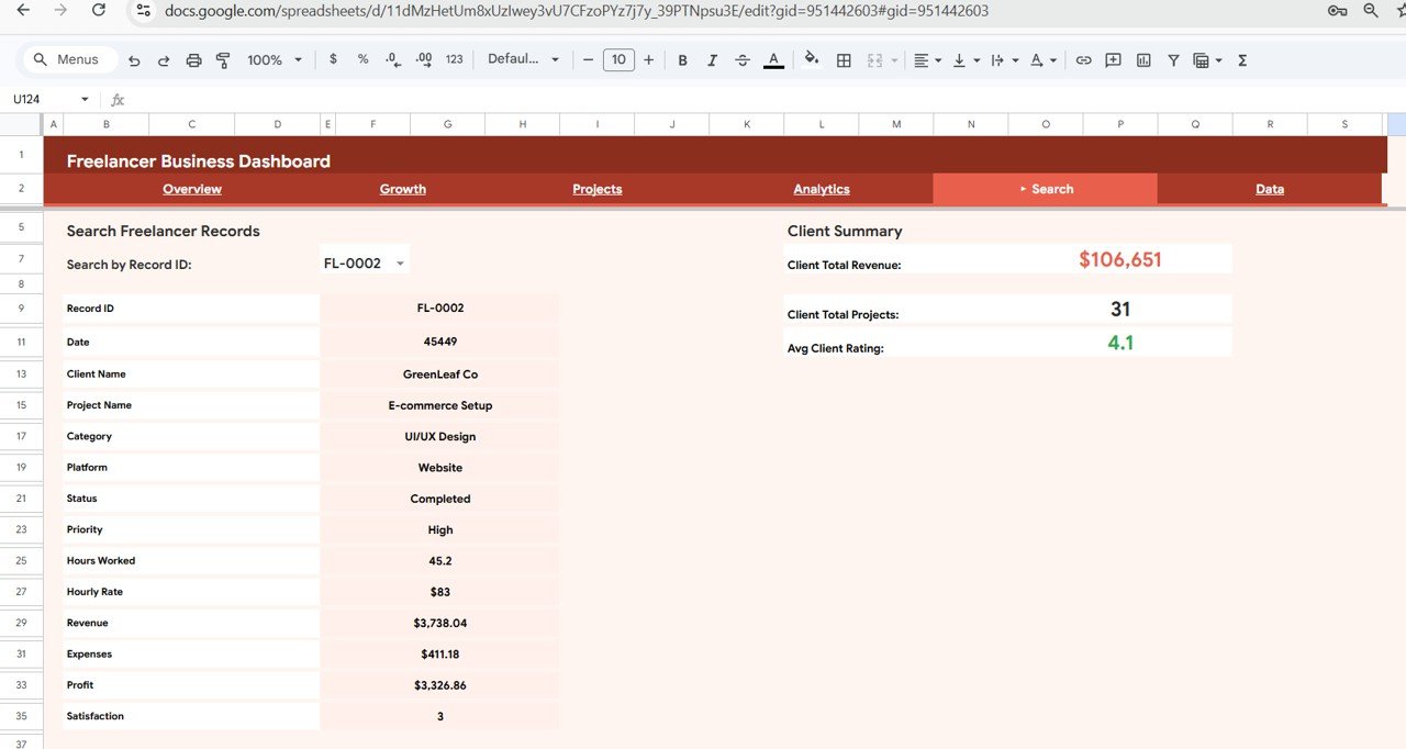 Freelancer Business Dashboard in Google Sheets - Search Sheet