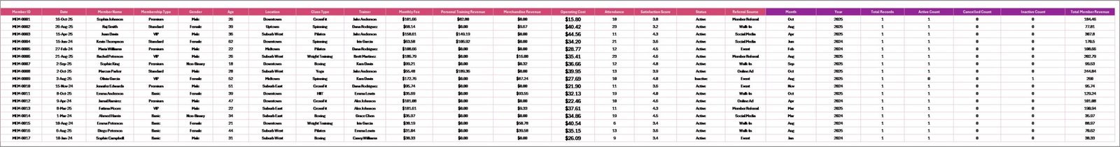 Gym Fitness Business Dashboard - Data Sheet
