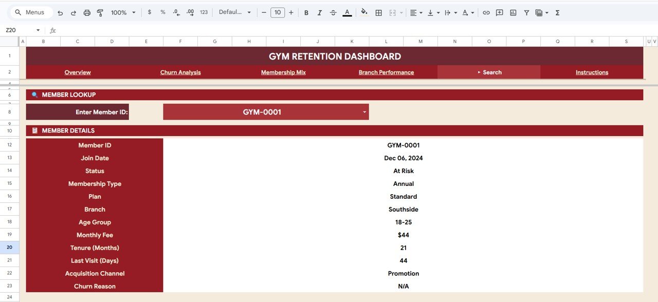 Gym Retention Dashboard - Search tab