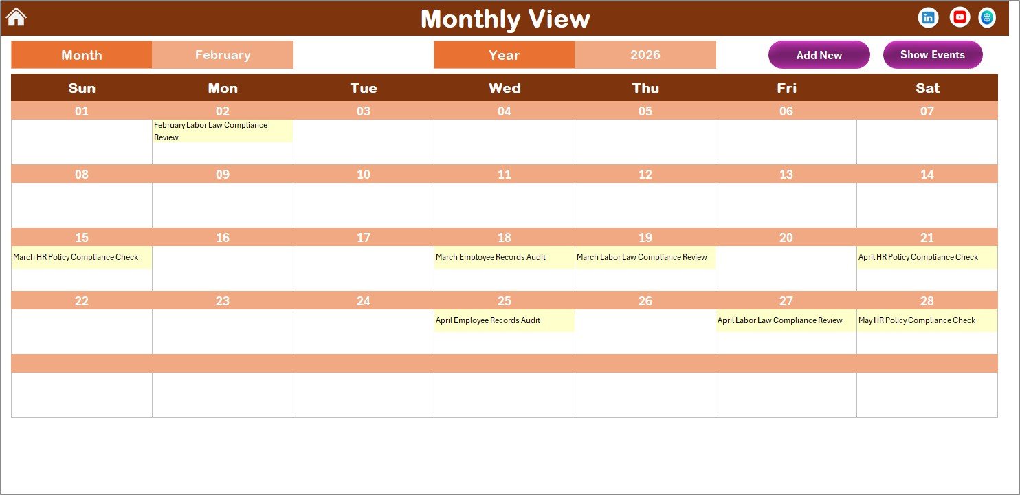 HR Compliance and Audit Calendar in Excel - Monthly View