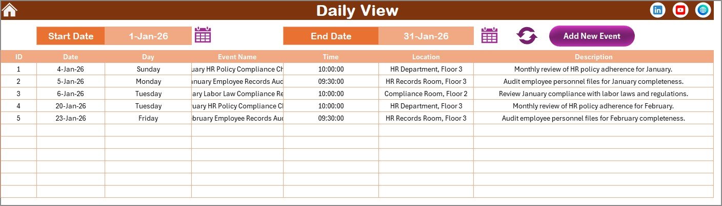 HR Compliance and Audit Calendar in Excel - Daily View