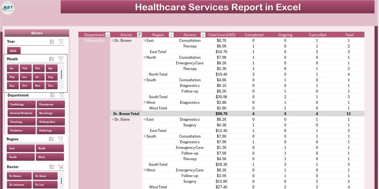 Healthcare Services Report in Excel - Report Page