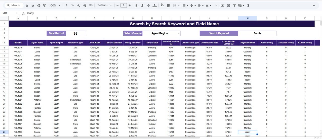 Insurance Policy Analytics Dashboard - Search Sheet