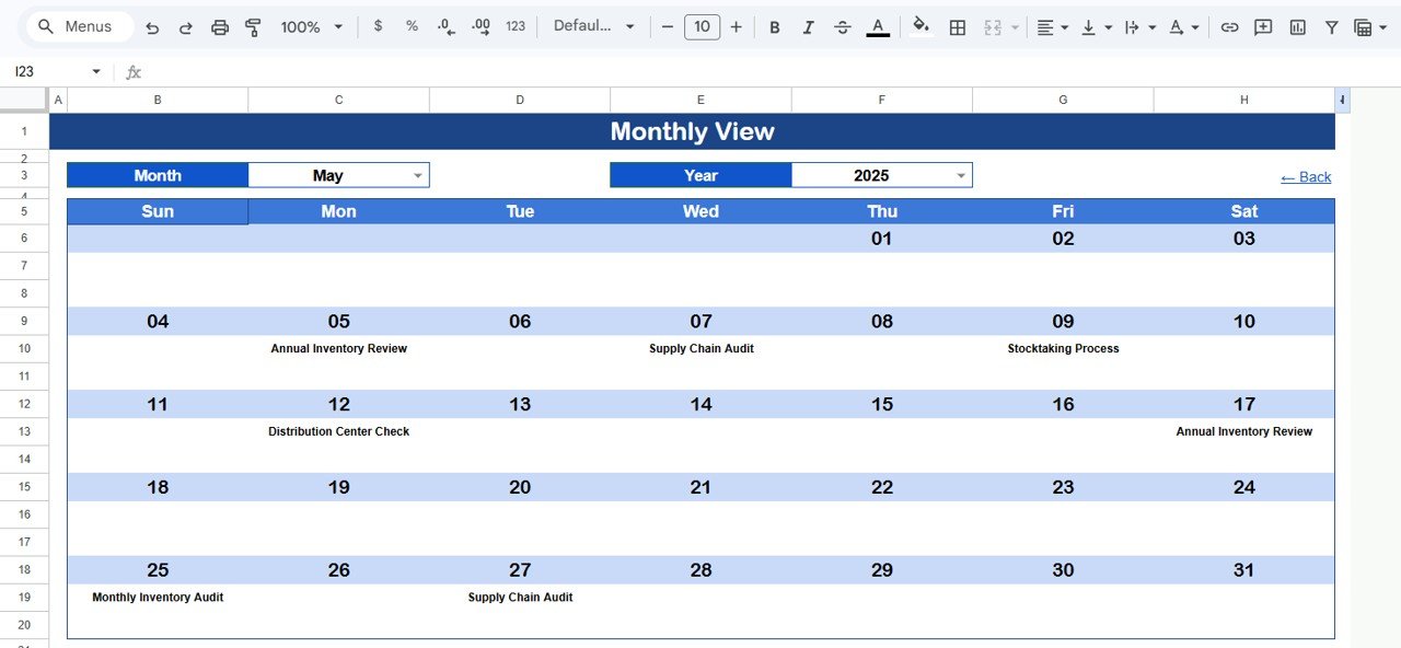Inventory Audit Calendar - Monthly View Sheet