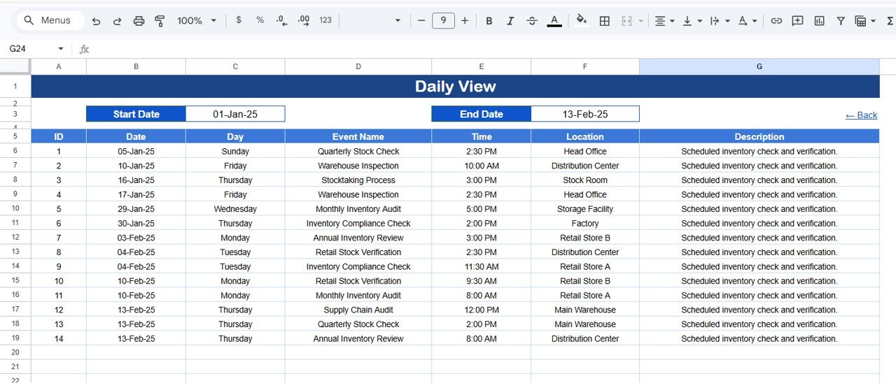 Inventory Audit Calendar - Daily View Sheet