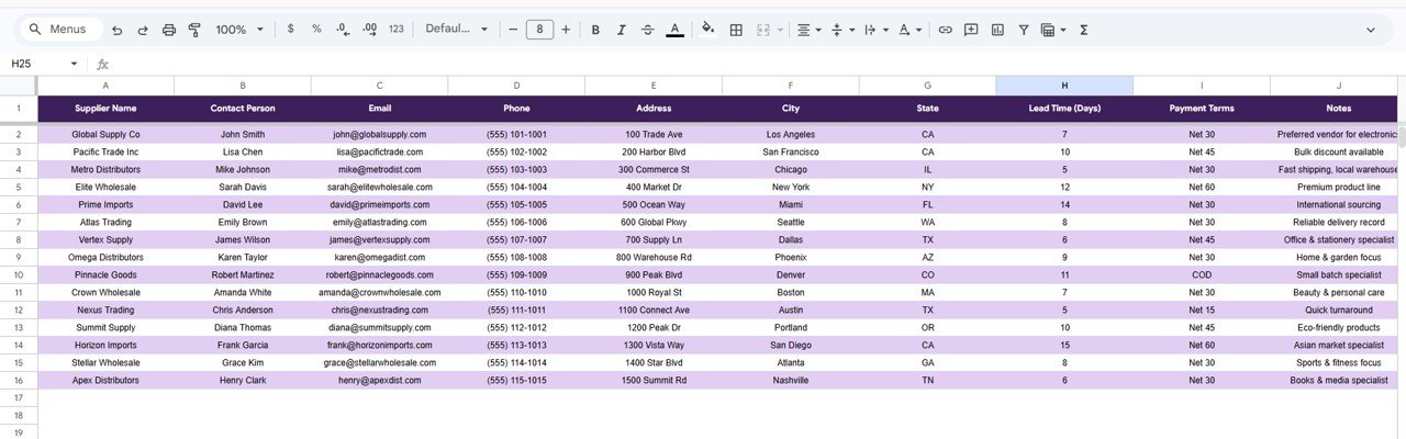 Inventory Tracker in Google Sheets - Settings Sheet