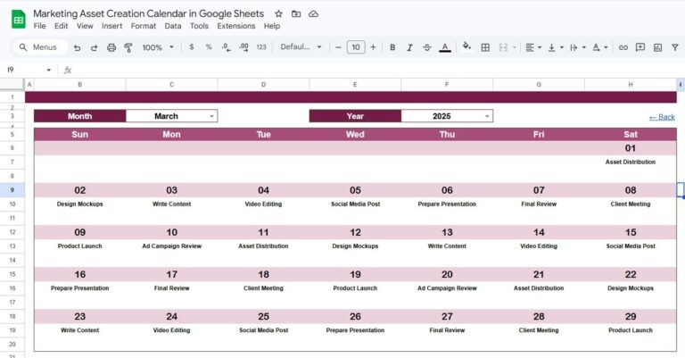 Marketing Asset Creation Calendar in Google Sheets - Next Gen Templates
