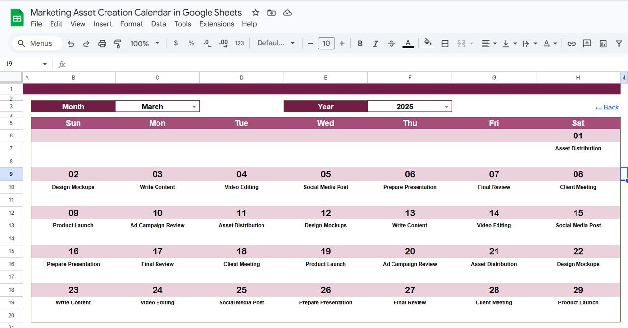 Marketing Asset Creation Calendar - Monthly View Sheet