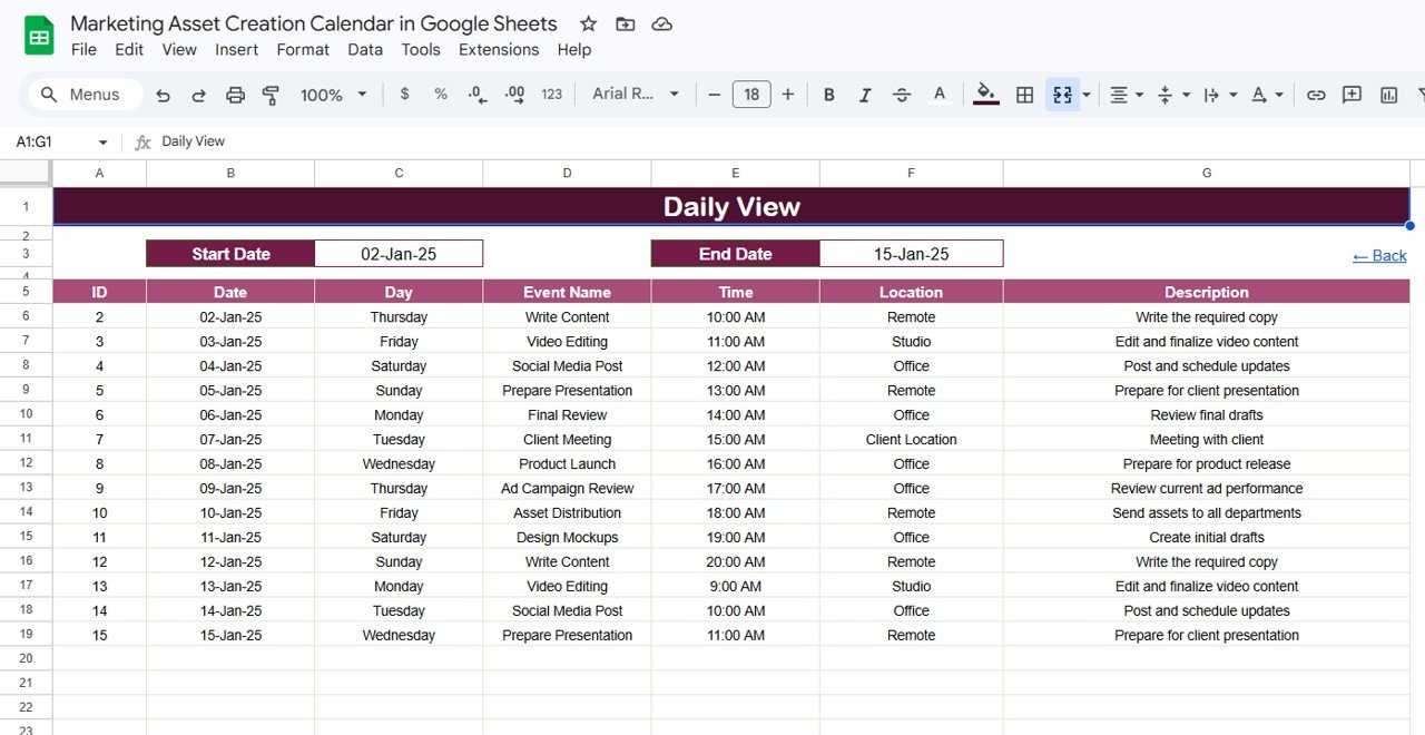 Marketing Asset Creation Calendar - Daily View Sheet