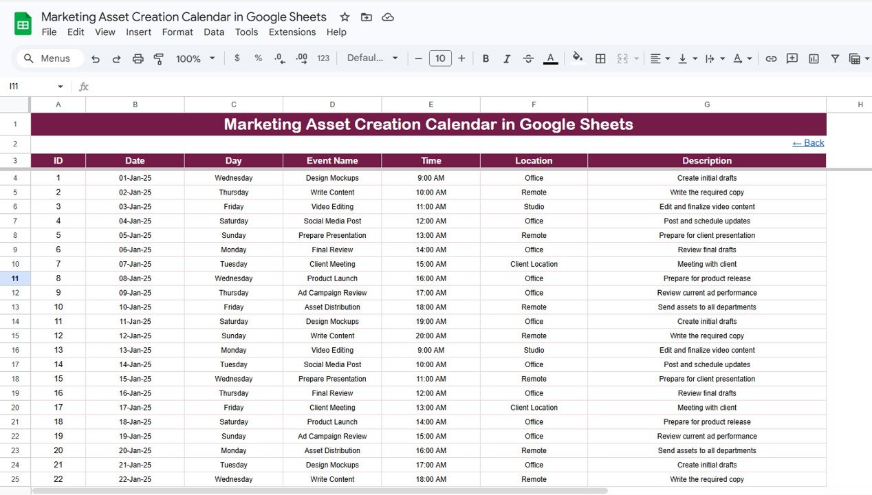 Marketing Asset Creation Calendar - Events Sheet
