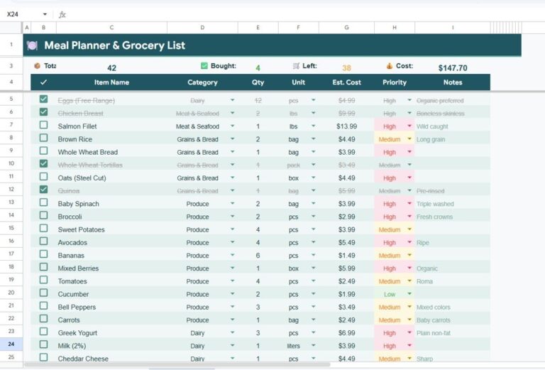 Meal Planner & Grocery List in Google Sheets - Next Gen Templates