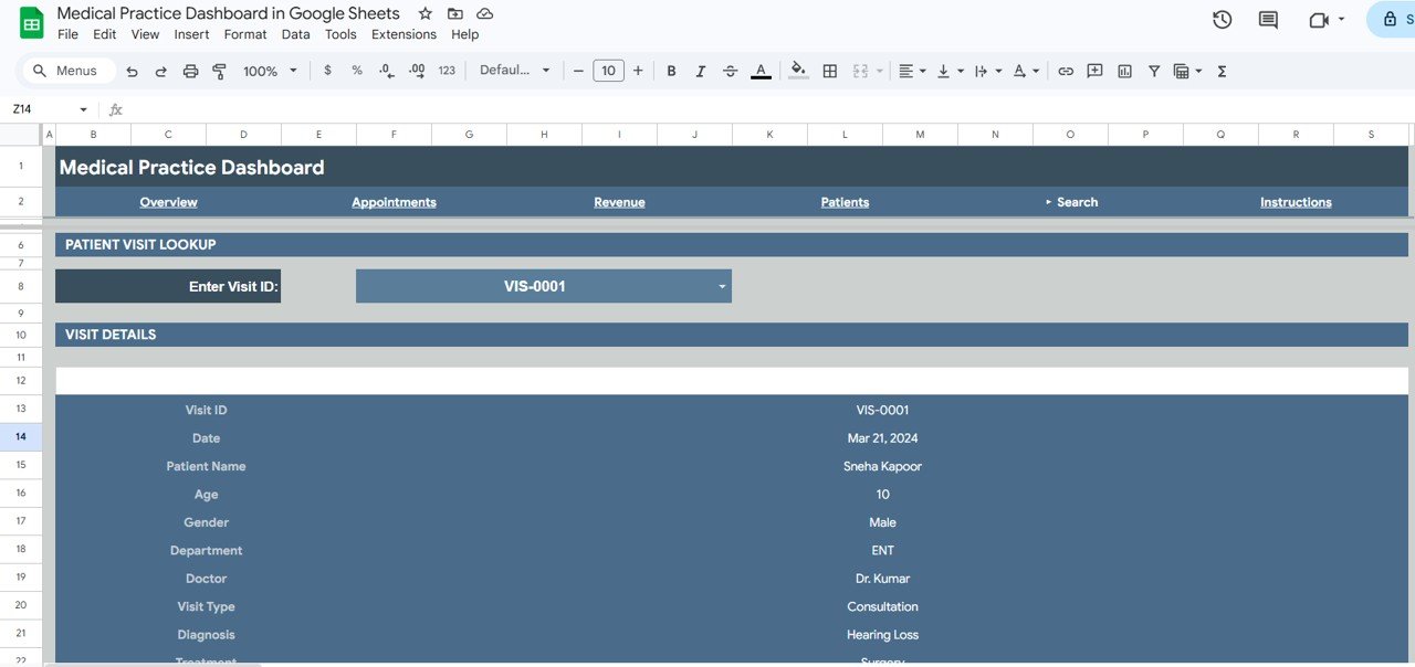 Medical Practice Dashboard - Search Sheet