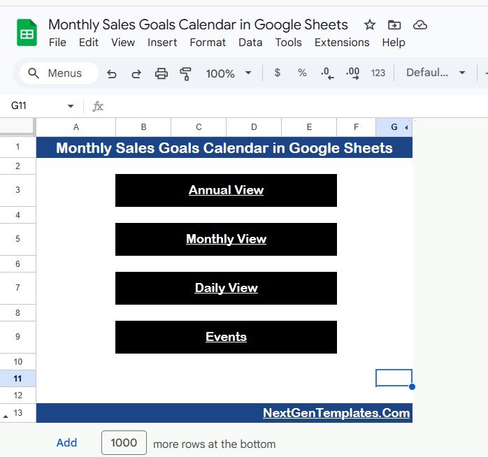 Monthly Sales Goals Calendar in Google Sheets - Home Sheet