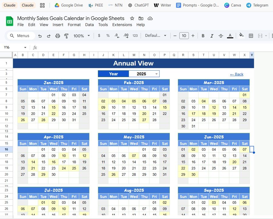 Monthly Sales Goals Calendar - Annual View