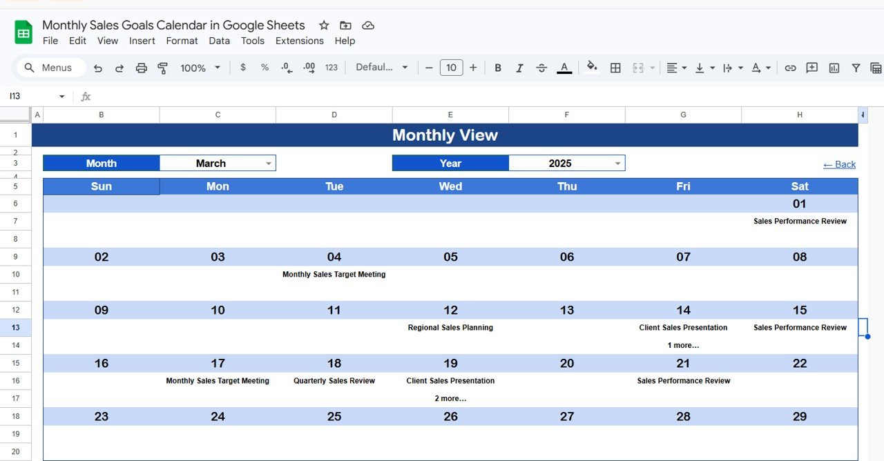 Monthly Sales Goals Calendar - Monthly View