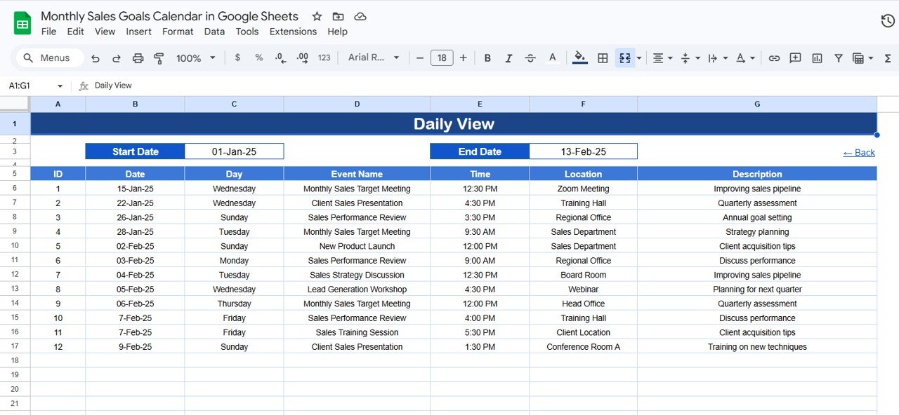 Monthly Sales Goals Calendar - Daily View