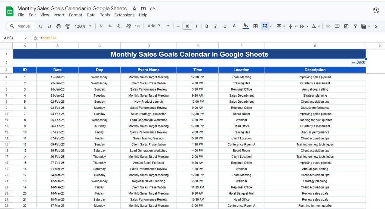 Monthly Sales Goals Calendar - Events Database