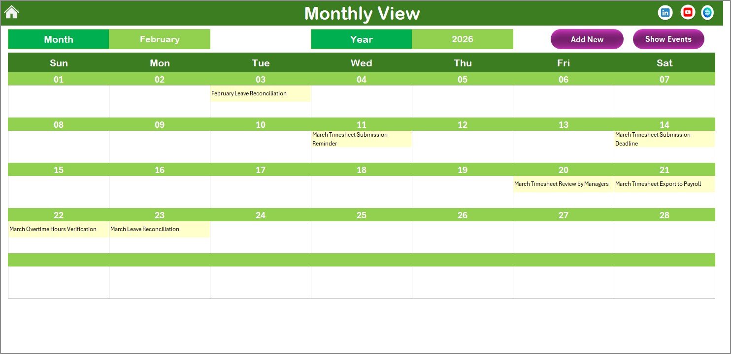 Monthly Timesheet Calendar in Excel - Monthly View