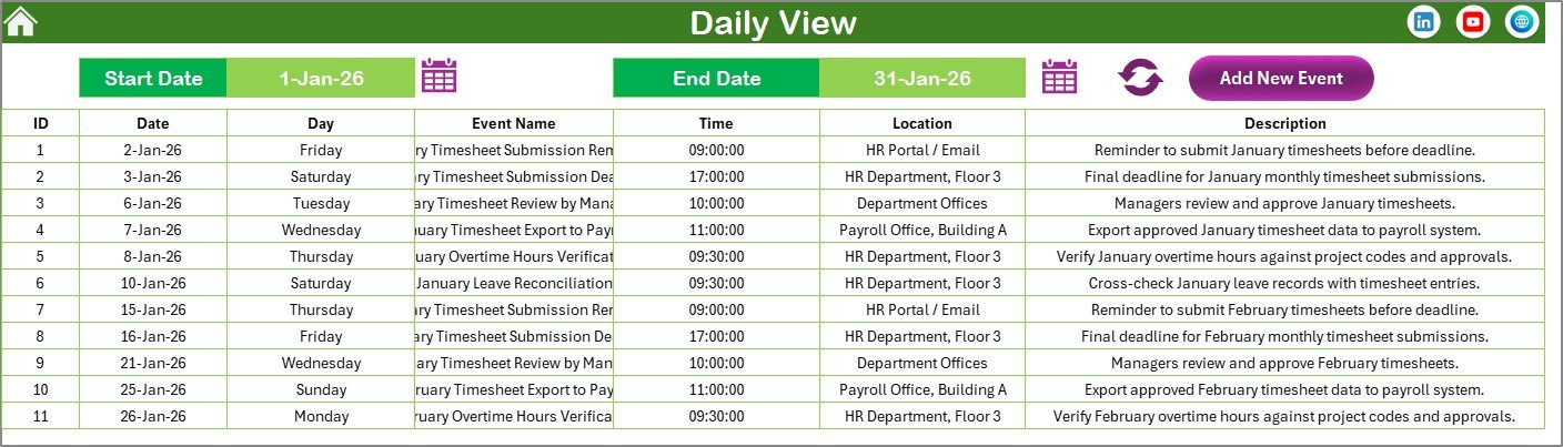 Monthly Timesheet Calendar in Excel - Daily View