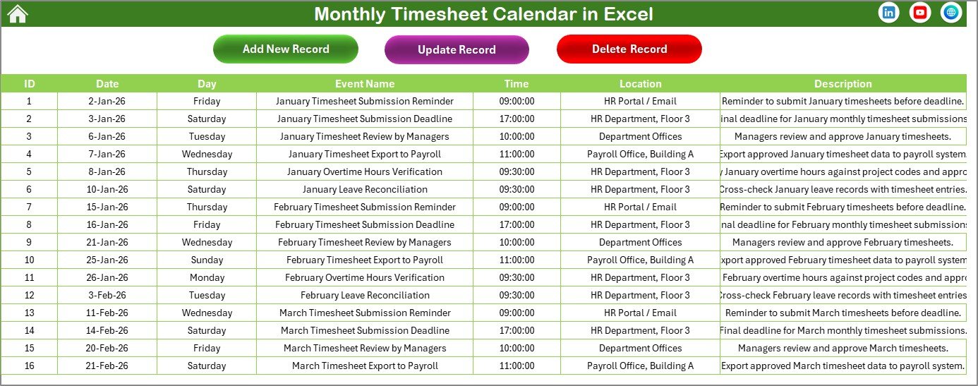 Monthly Timesheet Calendar in Excel - Events Database