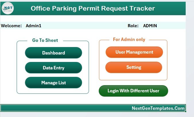 Office Parking Permit Request Tracker in Excel - Home Page