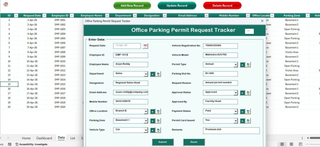 Office Parking Permit Request Tracker in Excel - Next Gen Templates