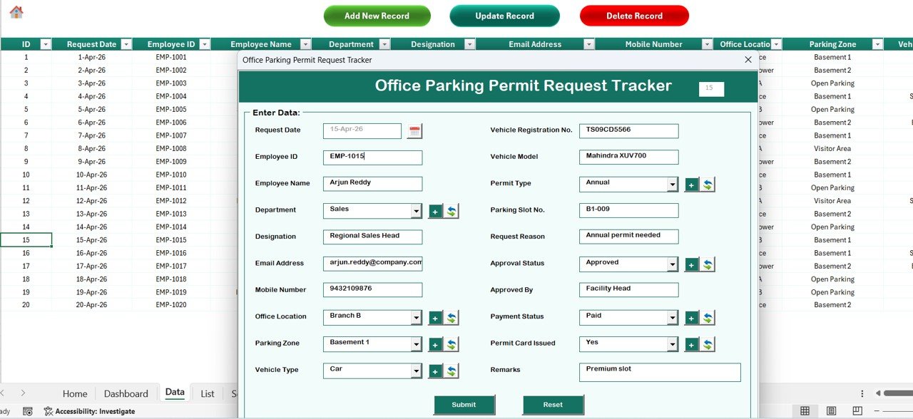 Office Parking Permit Request Tracker in Excel - Data Sheet