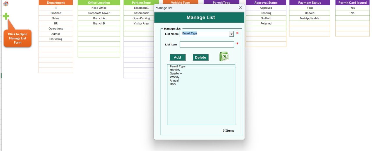 Office Parking Permit Request Tracker in Excel - Data Entry Form