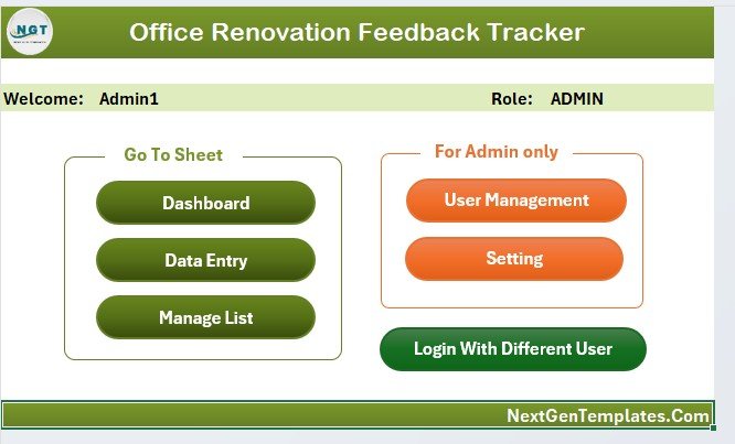 Office Renovation Feedback Tracker in Excel - Home Page