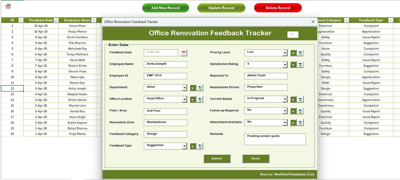 Office Renovation Feedback Tracker in Excel - Data Sheet