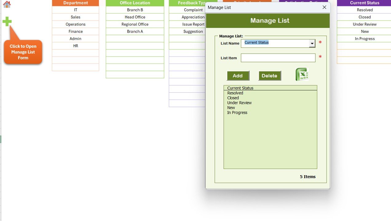 Office Renovation Feedback Tracker in Excel - List Sheet