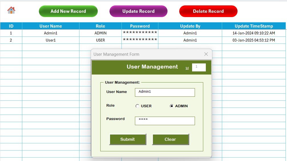 User Management Sheet of the Performance Appraisal Tracker in Excel