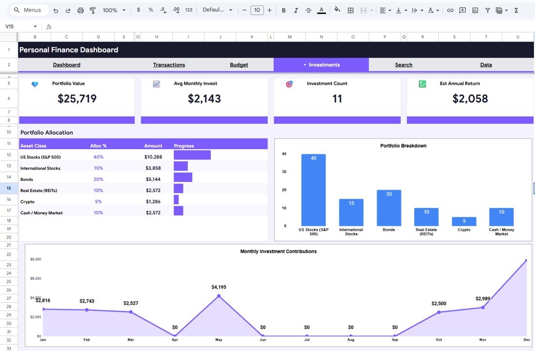 Personal Finance Dashboard in Google Sheets - Investments Analysis