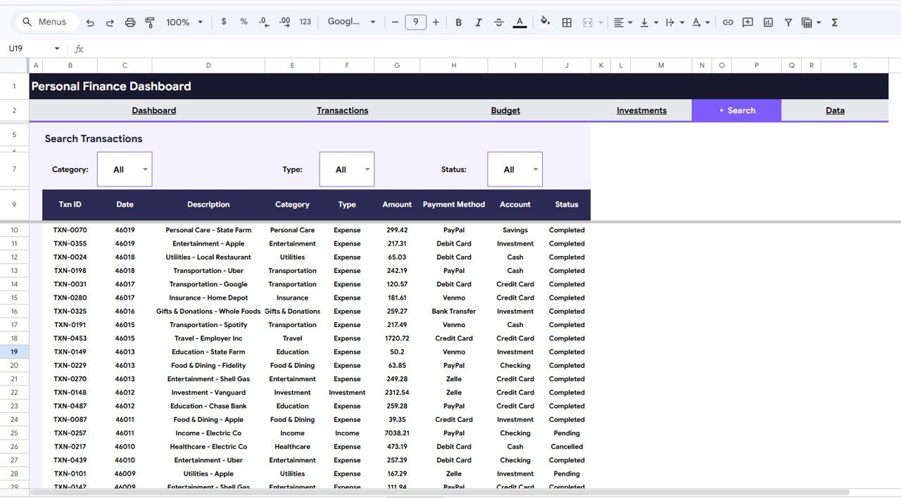 Personal Finance Dashboard in Google Sheets - Search Transactions