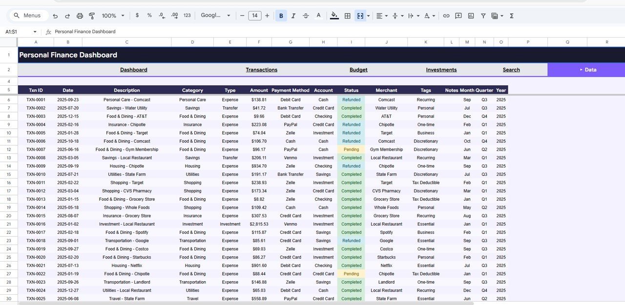 Personal Finance Dashboard in Google Sheets - Data Sheet