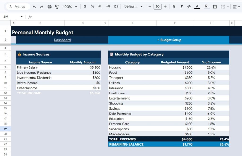 Personal Monthly Budget Tracker in Google Sheets - Next Gen Templates