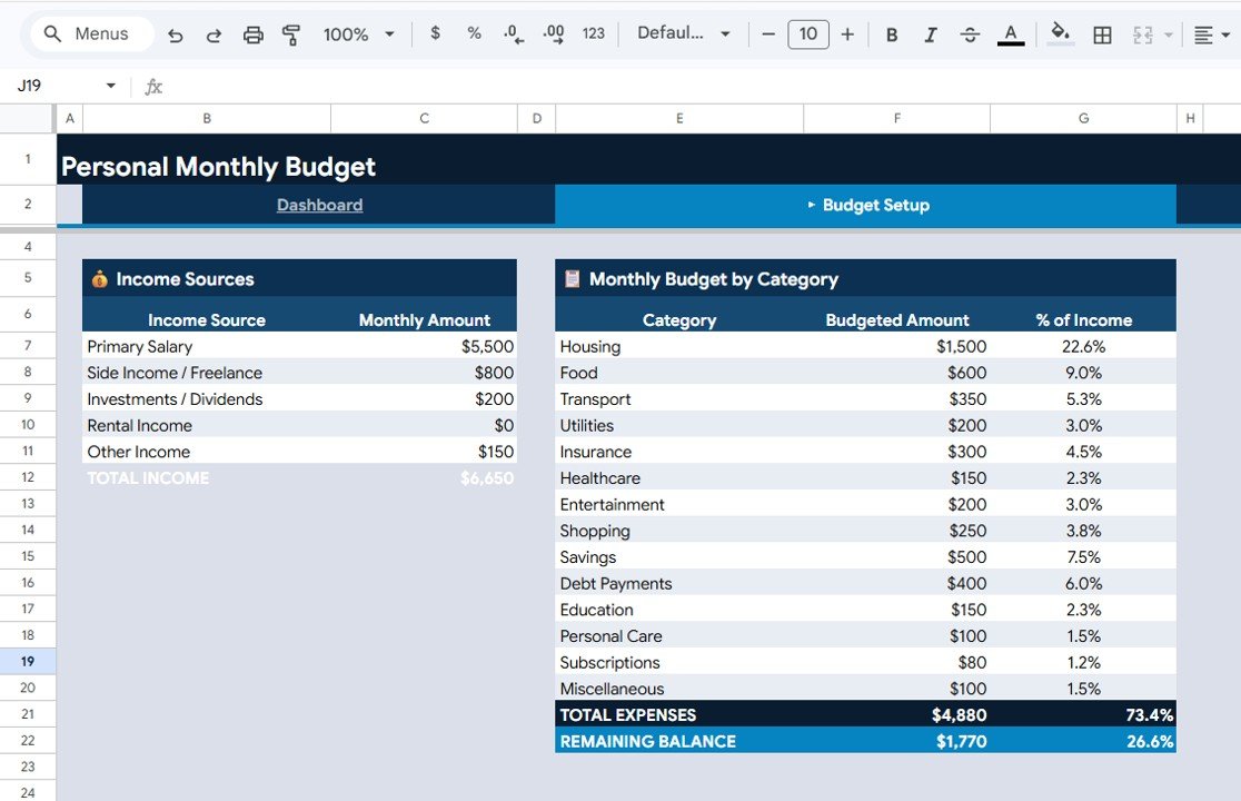 Personal Monthly Budget Tracker - Budget Setup