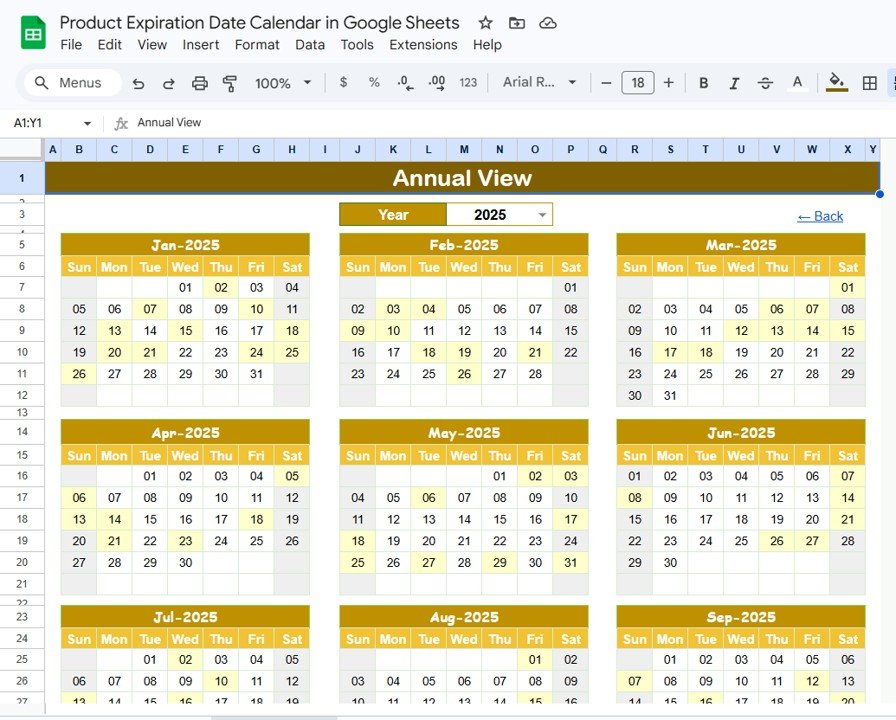 Product Expiration Date Calendar - Annual View Sheet