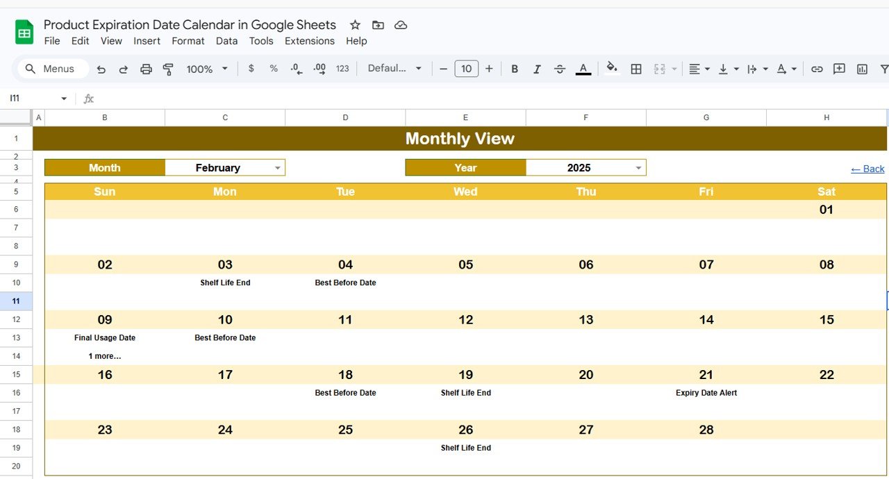 Product Expiration Date Calendar - Monthly View
