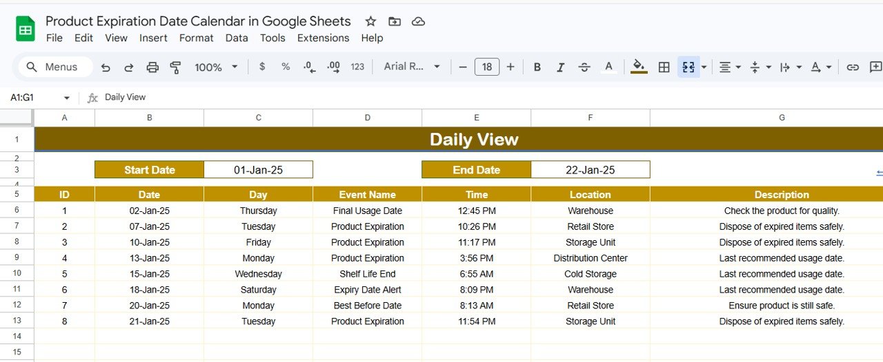 Product Expiration Date Calendar - Daily View