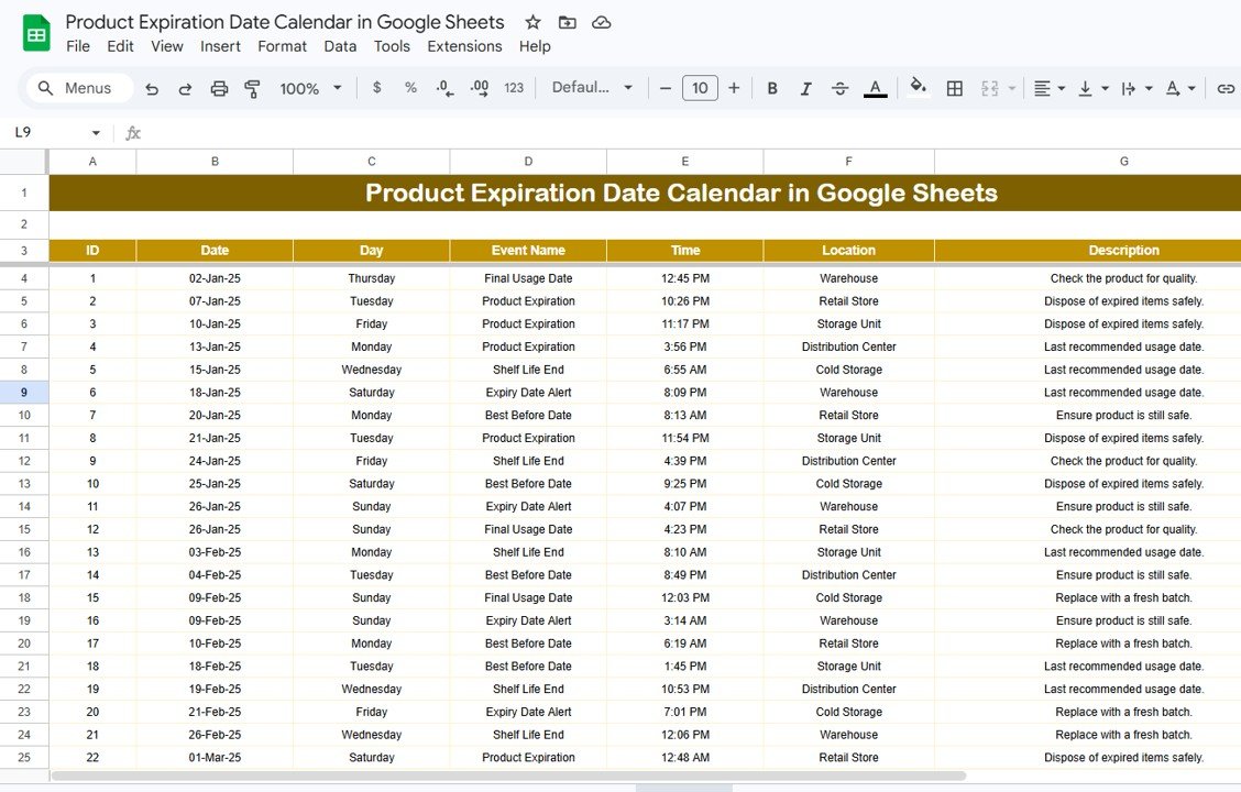 Product Expiration Date Calendar - Events Sheet