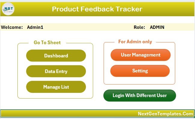 Product Feedback Tracker in Excel - Home Page