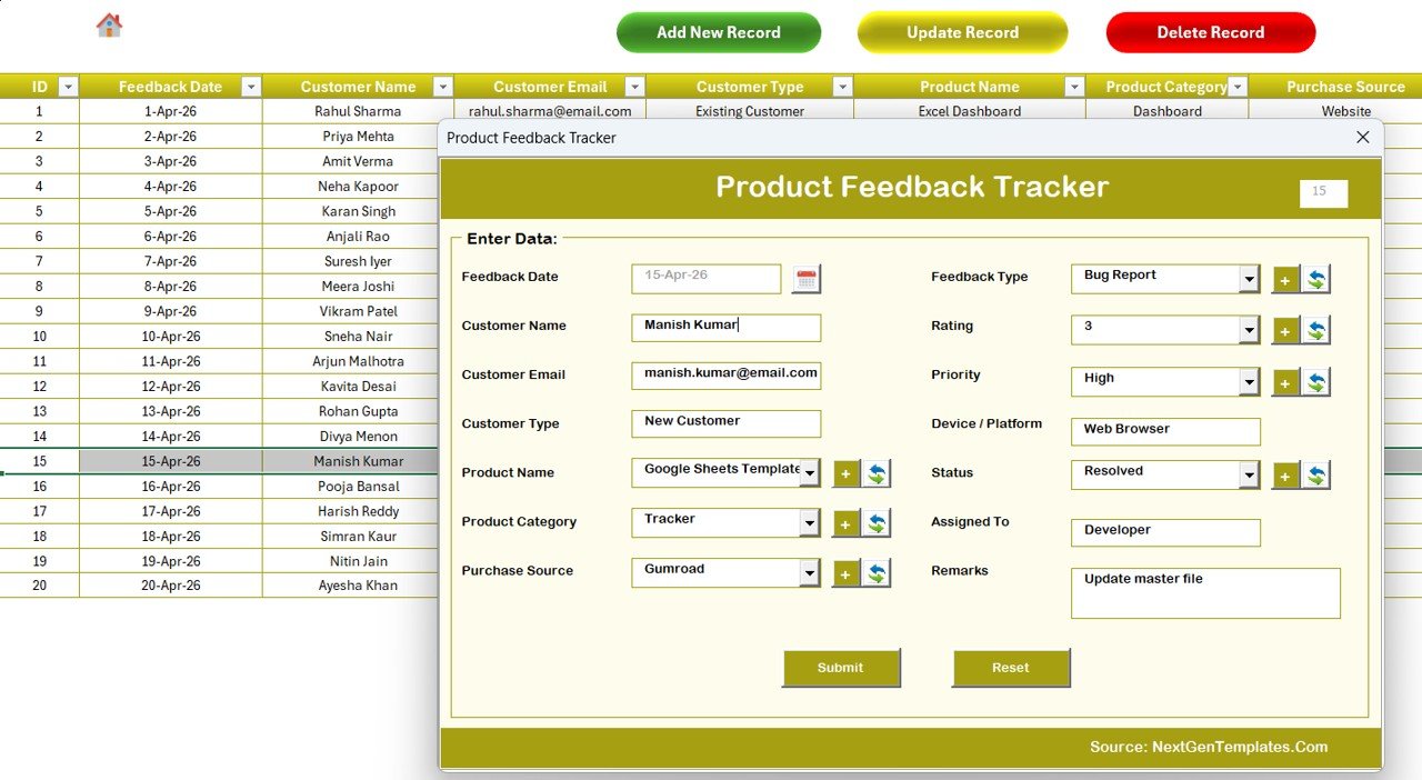 Product Feedback Tracker in Excel - Data Sheet