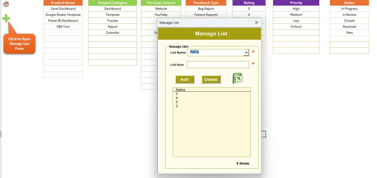 Product Feedback Tracker in Excel - List Sheet