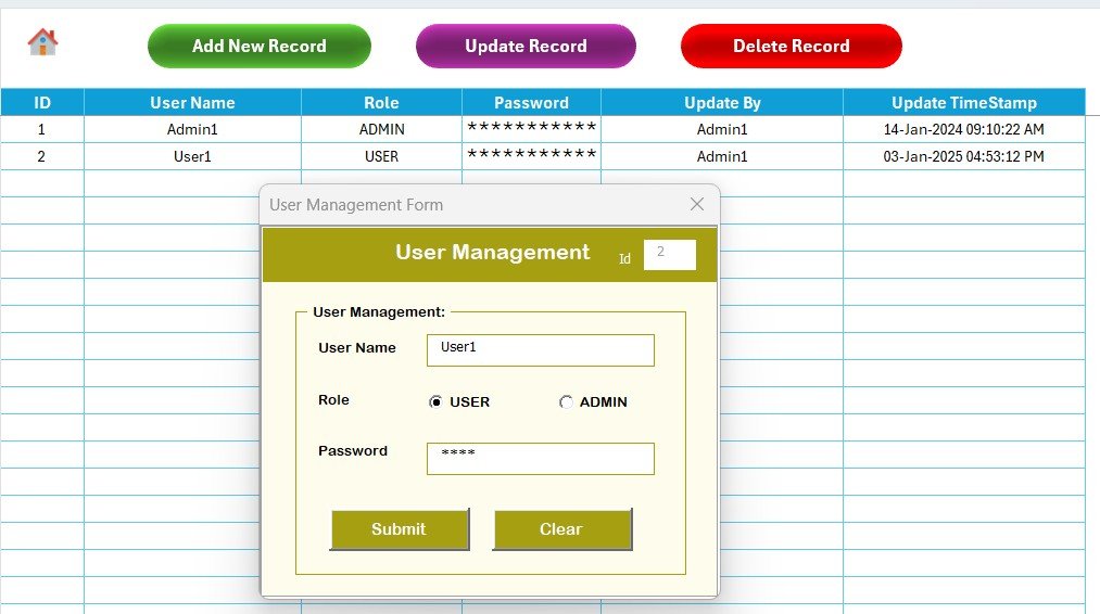 Product Feedback Tracker in Excel - User Management Sheet