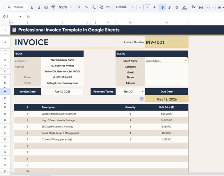 Professional Invoice Template in Google Sheets - Next Gen Templates