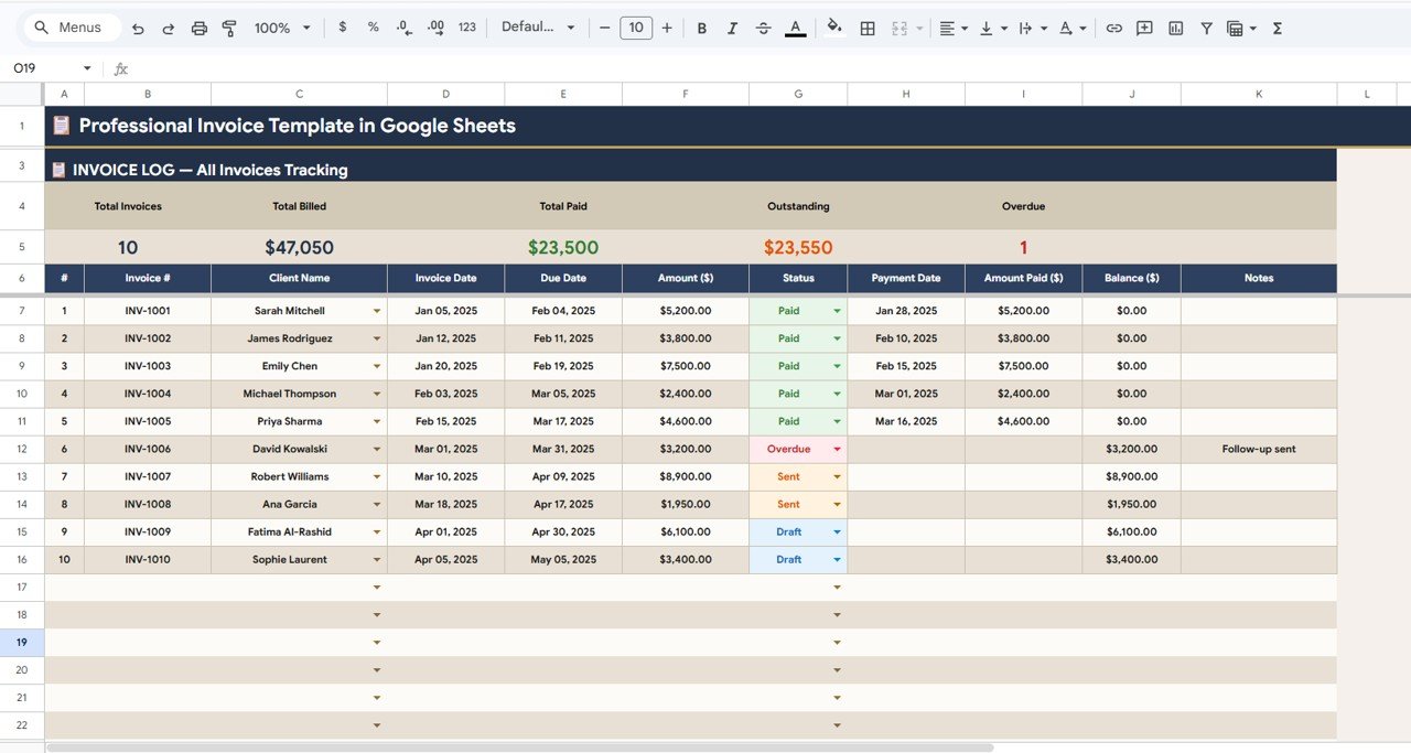 Professional Invoice Template in Google Sheets - Invoice Log