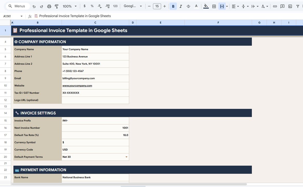 Professional Invoice Template in Google Sheets - Settings